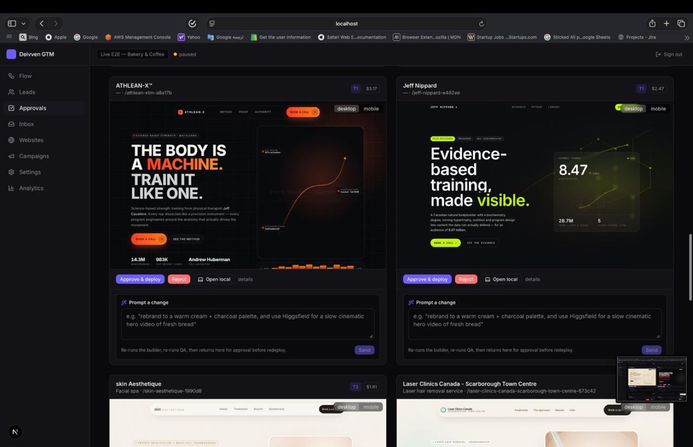 Delivven GTM approval dashboard showing AI-generated website previews ready to approve and deploy
