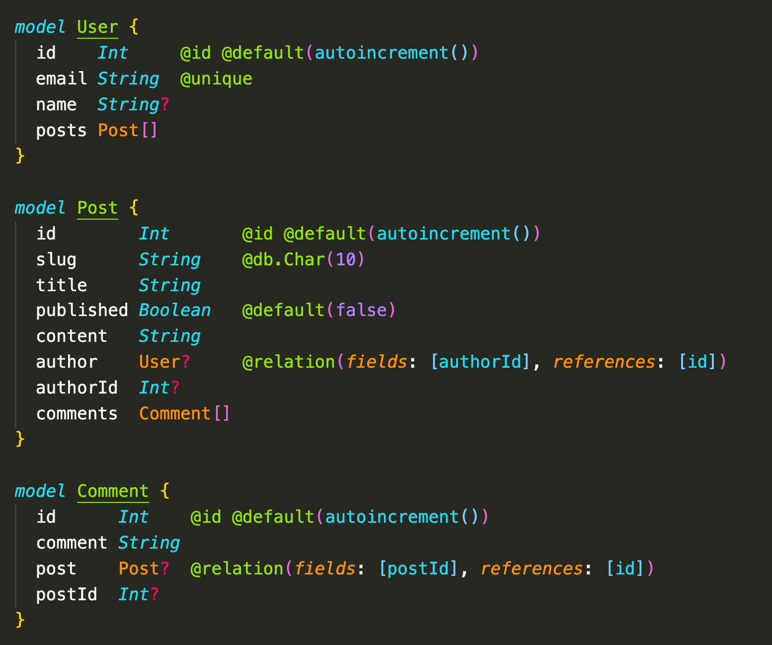 Syntax highlighting eases visual comprehension of the Prisma schema