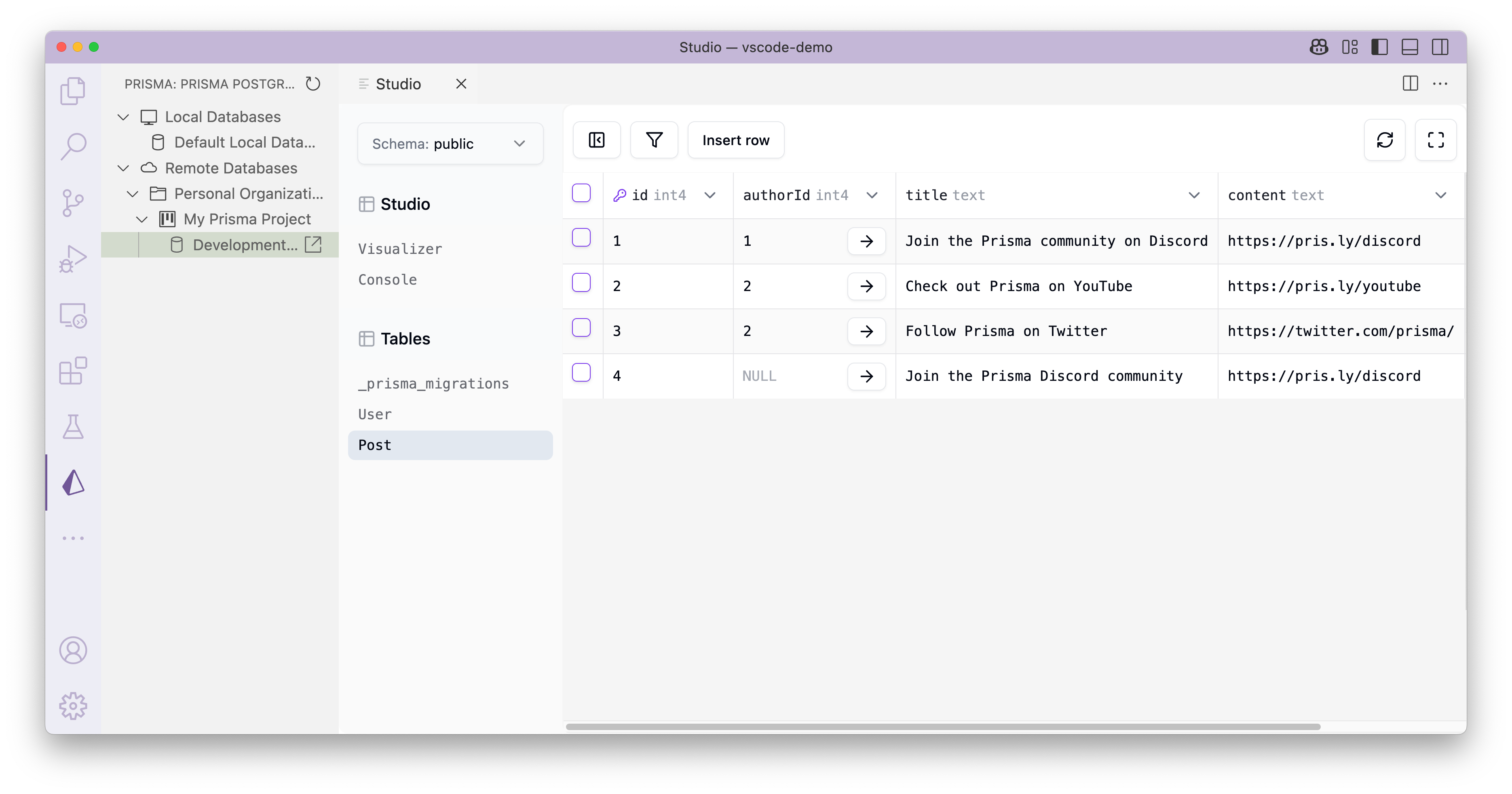VS Code interface displaying Prisma Studio with options to browse and edit local and remote Prisma Postgres databases, including a table view of Post data.