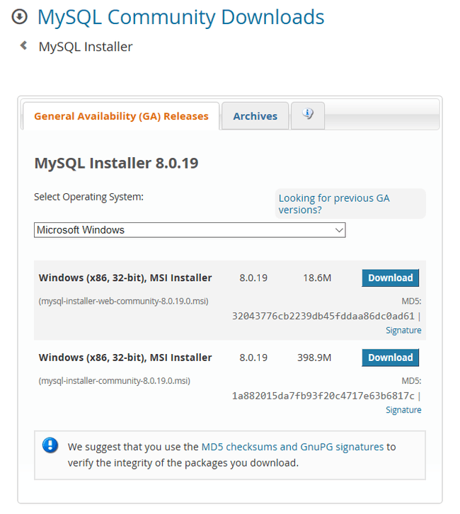 MySQL download windows installer