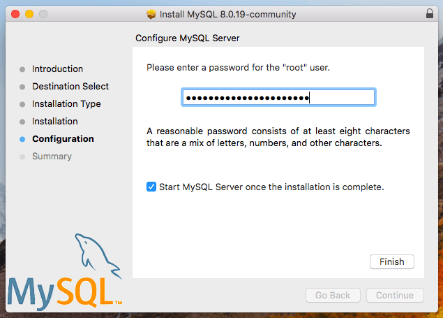 MySQL installer set password