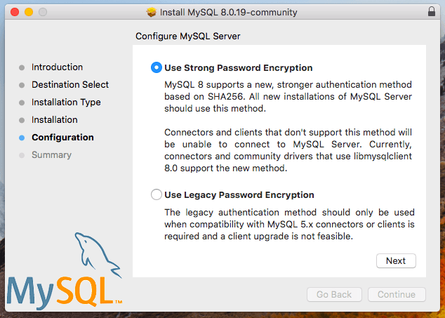 MySQL installer encryption type