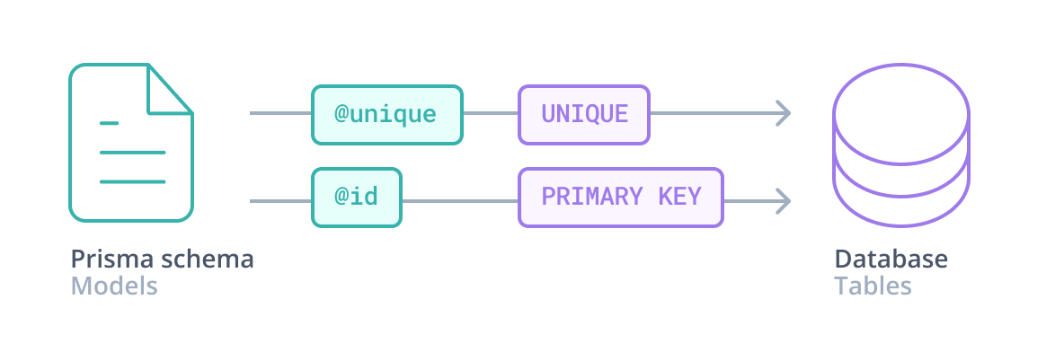 A diagram that shows a Prisma schema on the left (labeled: Prisma schema, models) and a database on the right (labeled: Database, tables). Two parallel arrows connect the schema and the database, showing how &#39;@unique&#39; maps to &#39;UNIQUE&#39; and &#39;@id&#39; maps to &#39;PRIMARY KEY&#39;.