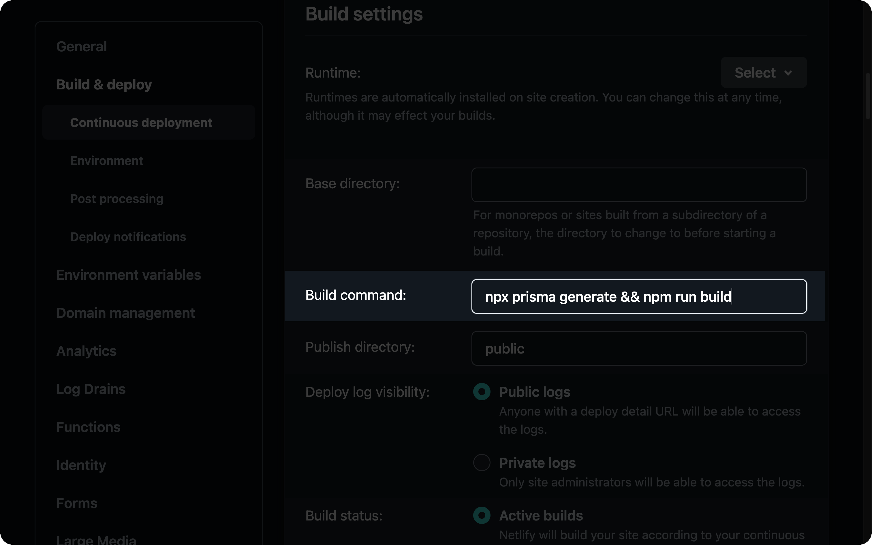 Netlify project dashboard&#39;s Build command setting filled