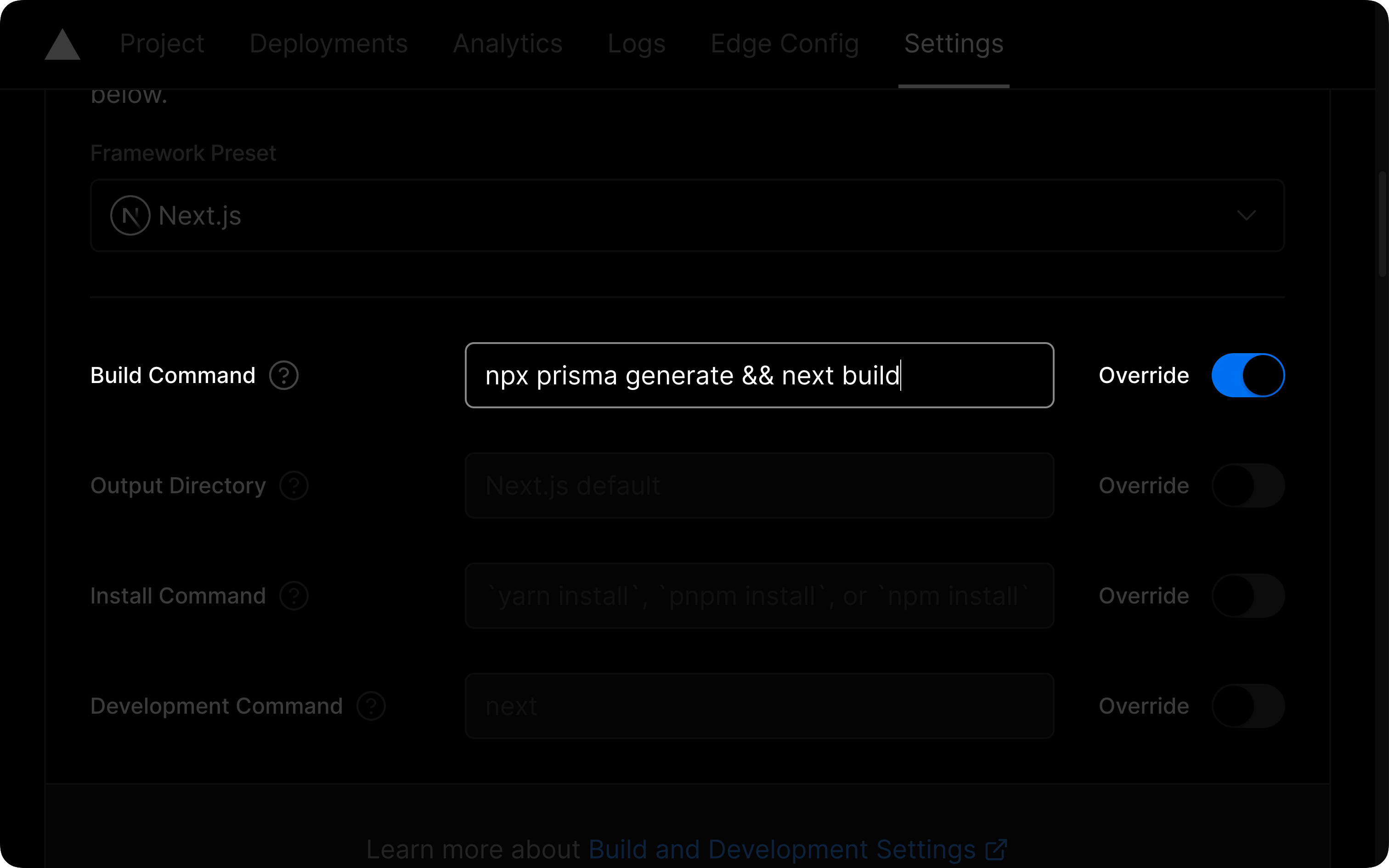 Vercel project dashboard&#39;s Build Command setting filled